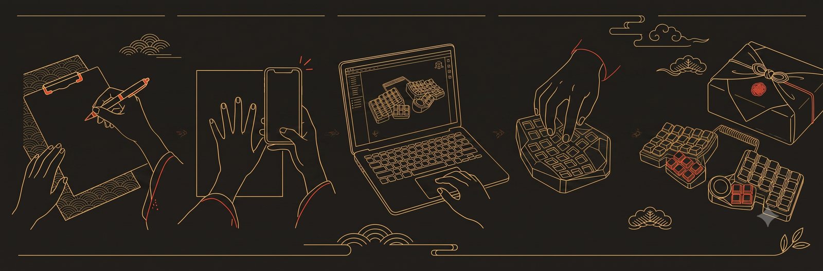 Illustration of the ordering process: application, hand measurement photo, 3D design review, fitting plate, finished keyboard delivery